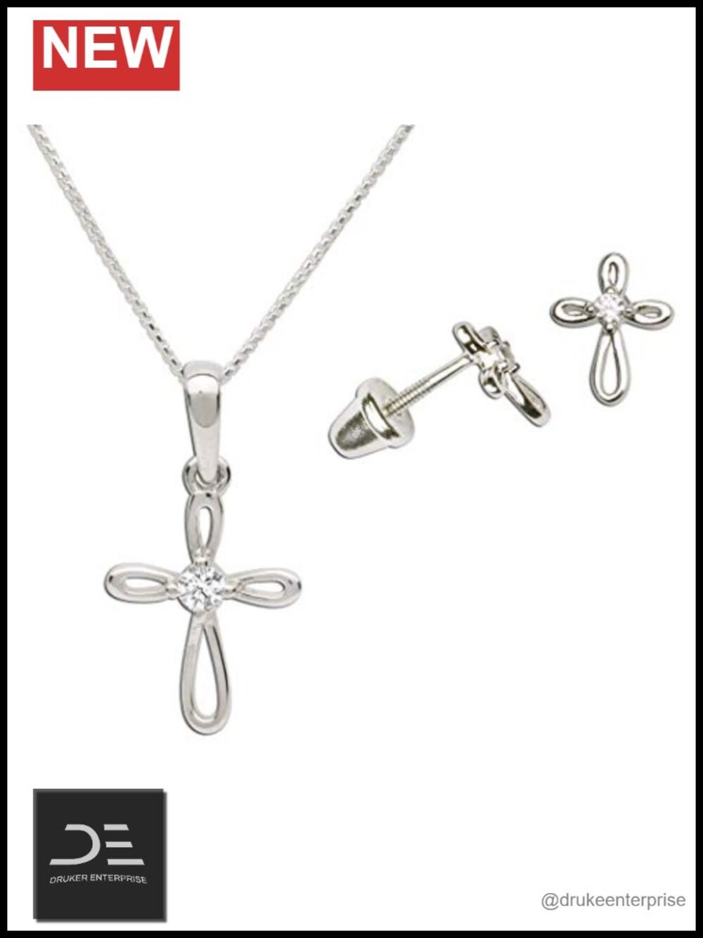 925 Sterling Silver Infinity Cross Necklace & Earring Set First Communion Girl